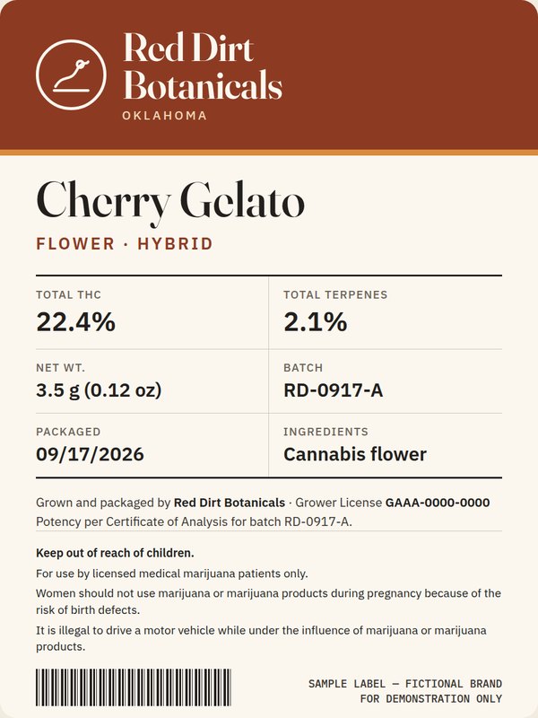 Photographed Red Dirt Botanicals Cherry Gelato label (fictional sample)